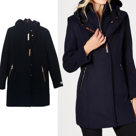 Calvin Klein NWT Faux Suede Elbow Patches Hooded Wool Blend Coat Size Small. - Picture 2 of 13